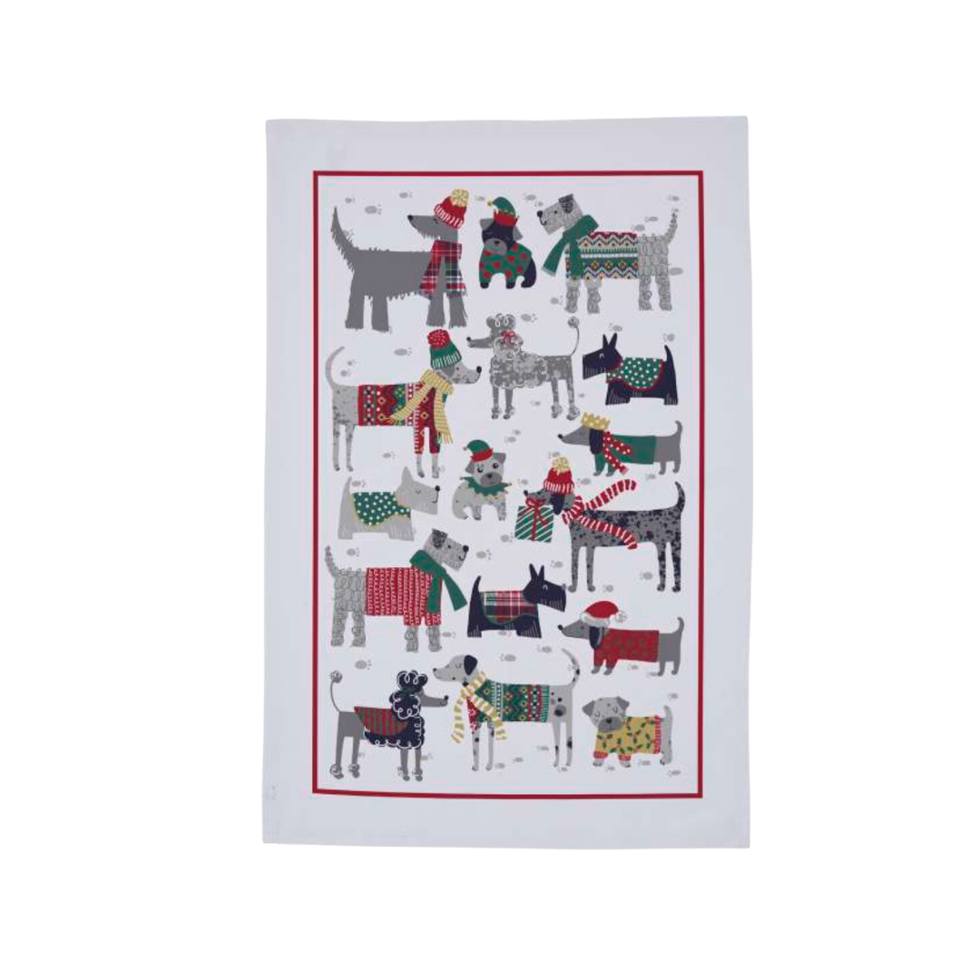 Grey Snow Dogs Tea Towel