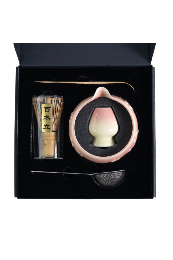 5-Piece Ceremonial Matcha Gift Set with Whisk, Stand, Strainer and Scoop – White Pink Blossom, 12 oz