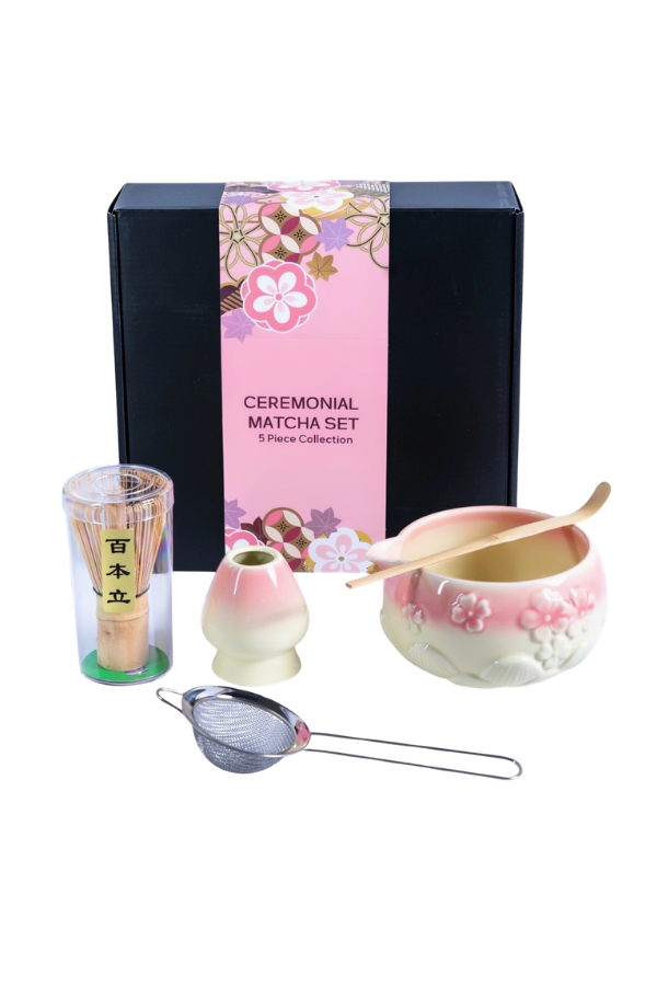 5-Piece Ceremonial Matcha Gift Set with Whisk, Stand, Strainer and Scoop – White Pink Blossom, 12 oz