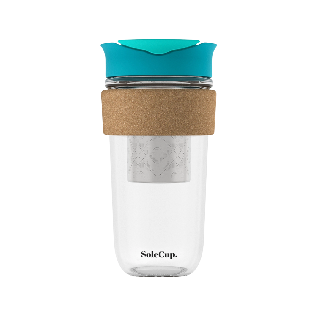 SoleCup Large Glass Infuser Travel Mug 18oz with Cork Blue