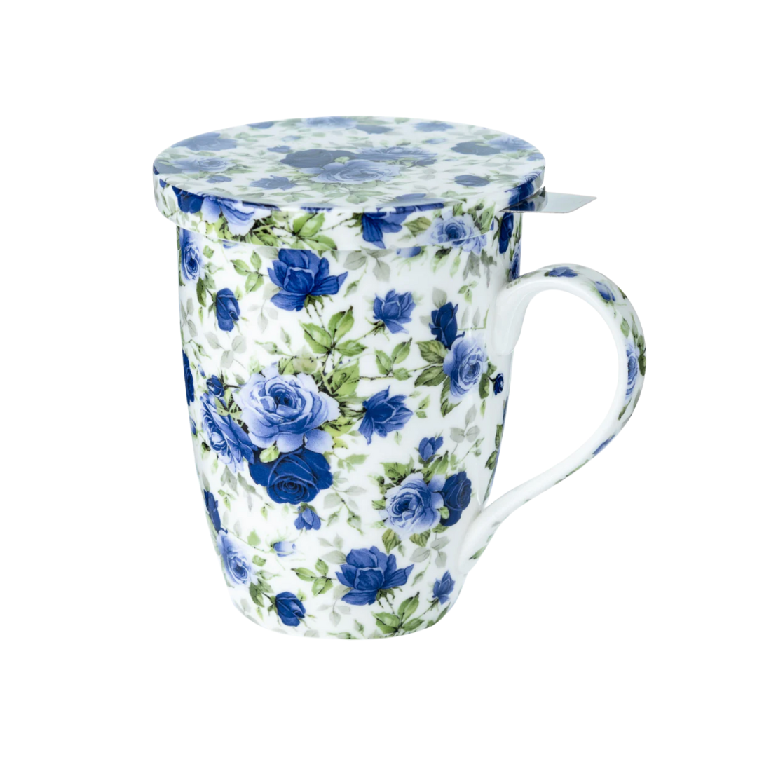 Dark Blue Roses Fine Bone China Mug with Infuser 450ml