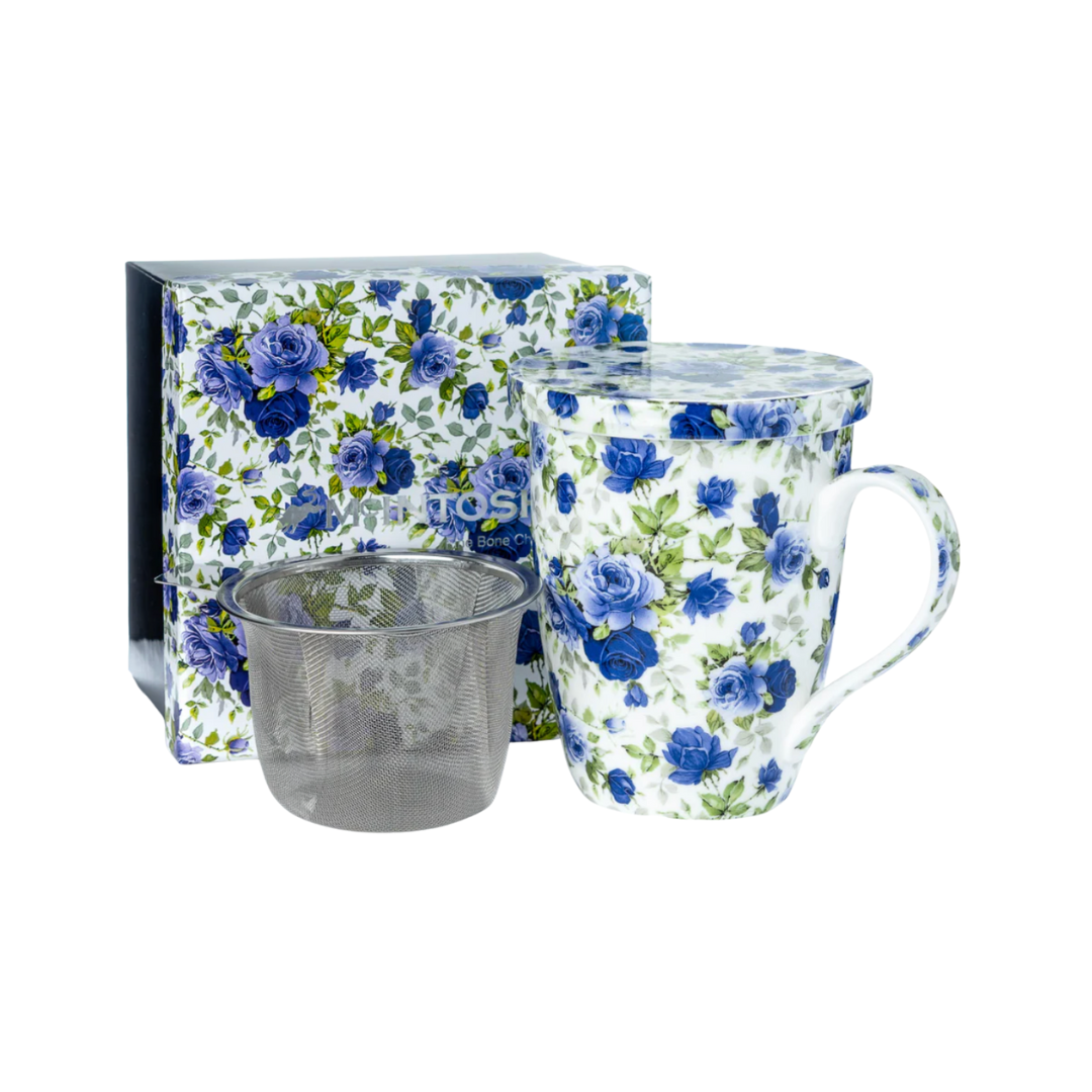 Dark Blue Roses Fine Bone China Mug with Infuser 450ml