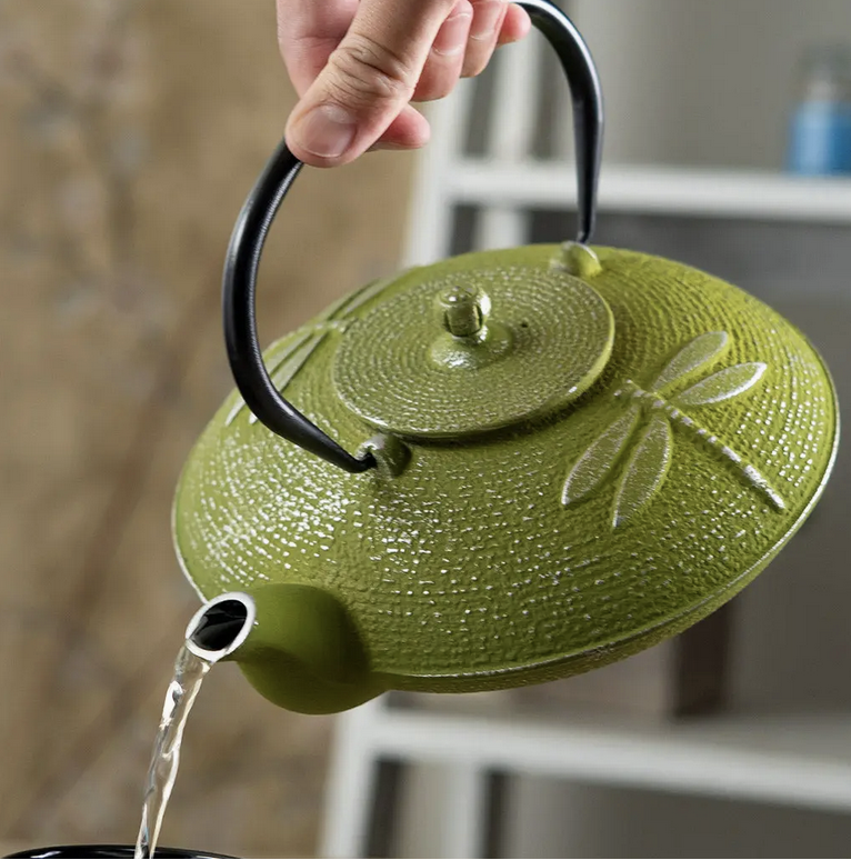 Green Dragonfly Design 1L Cast Iron Tea Pot
