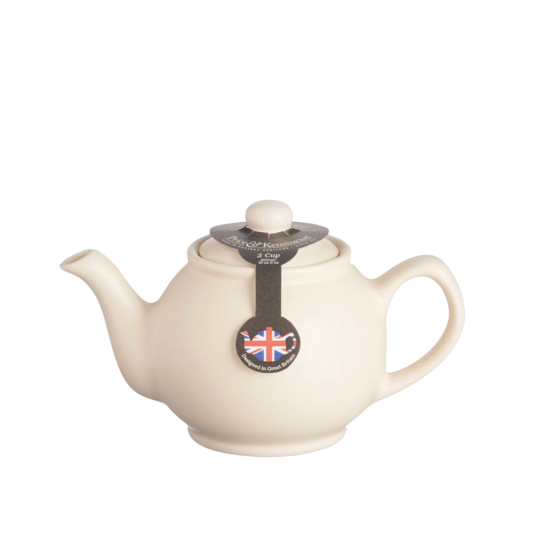 Cream-colored 2 cup teapot with a Union Jack label on a white background