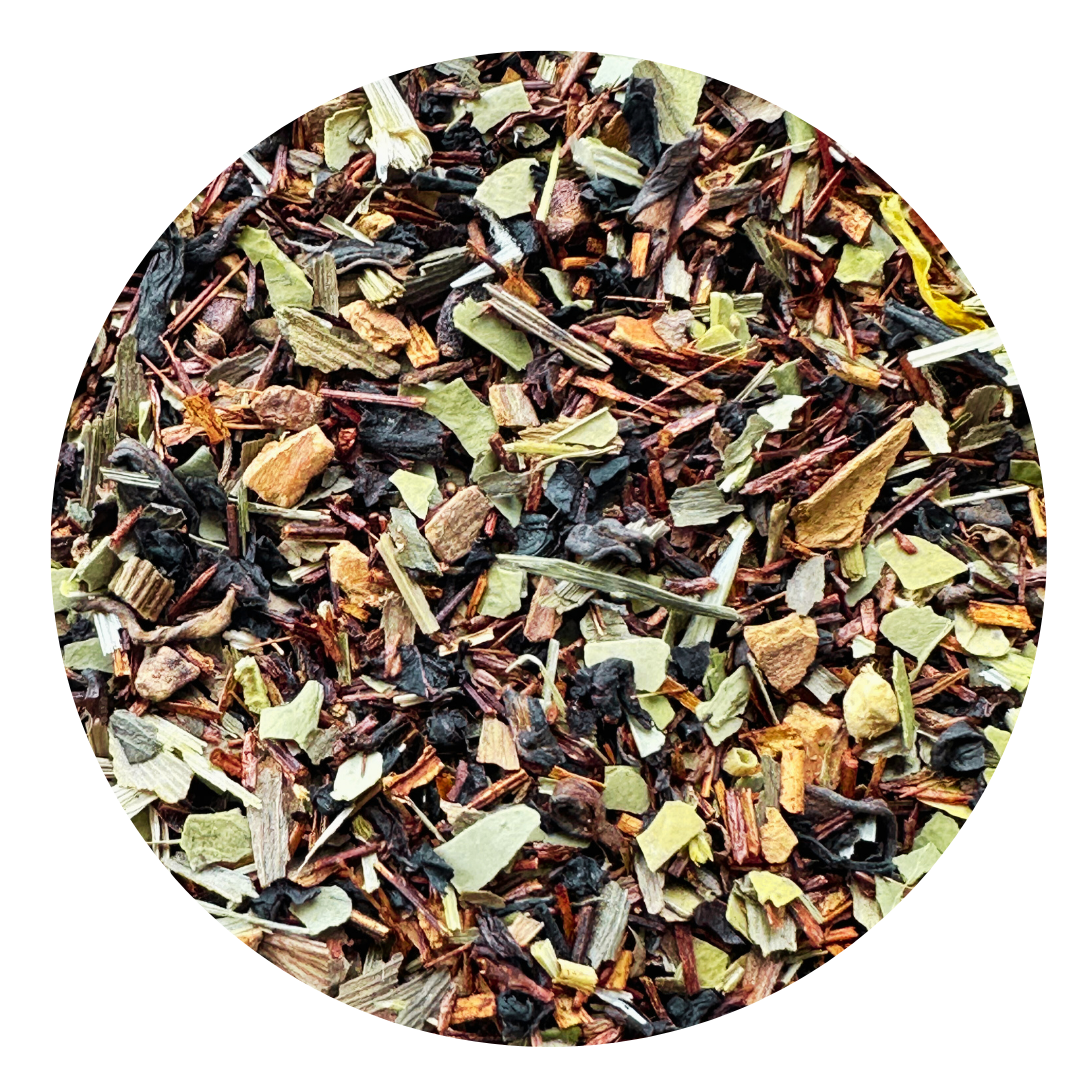 Loose herbal tea blend with dried leaves, bark pieces, and small yellow-green accents on a white background.