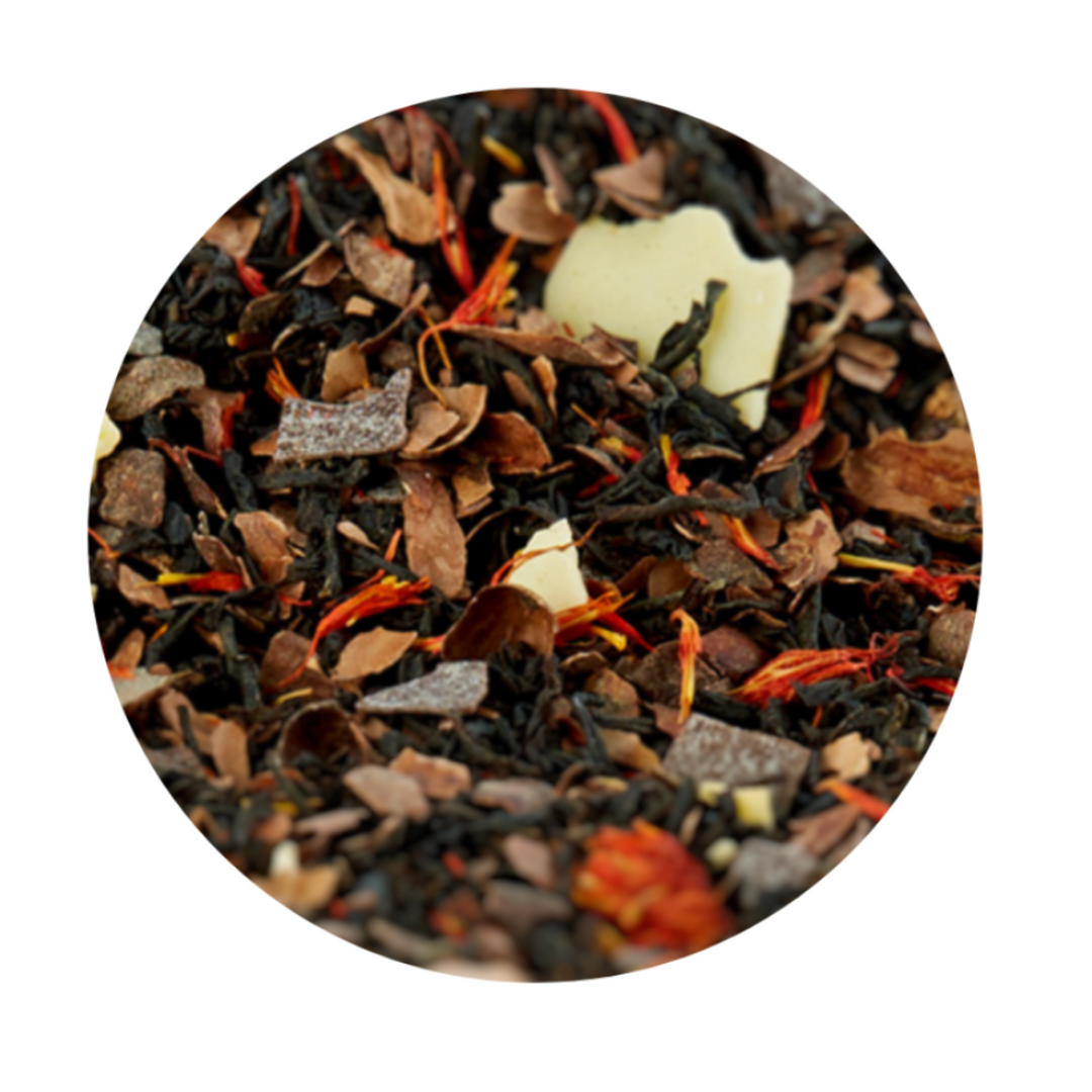 Black tea blend with cocoa bean shells and white chocolate