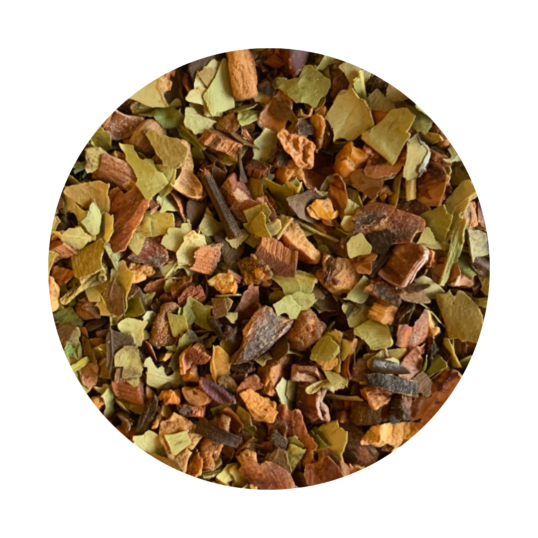 Loose Leaf Green tea and Yerba Mate tea blend with apple pieces and cocoa bean shells