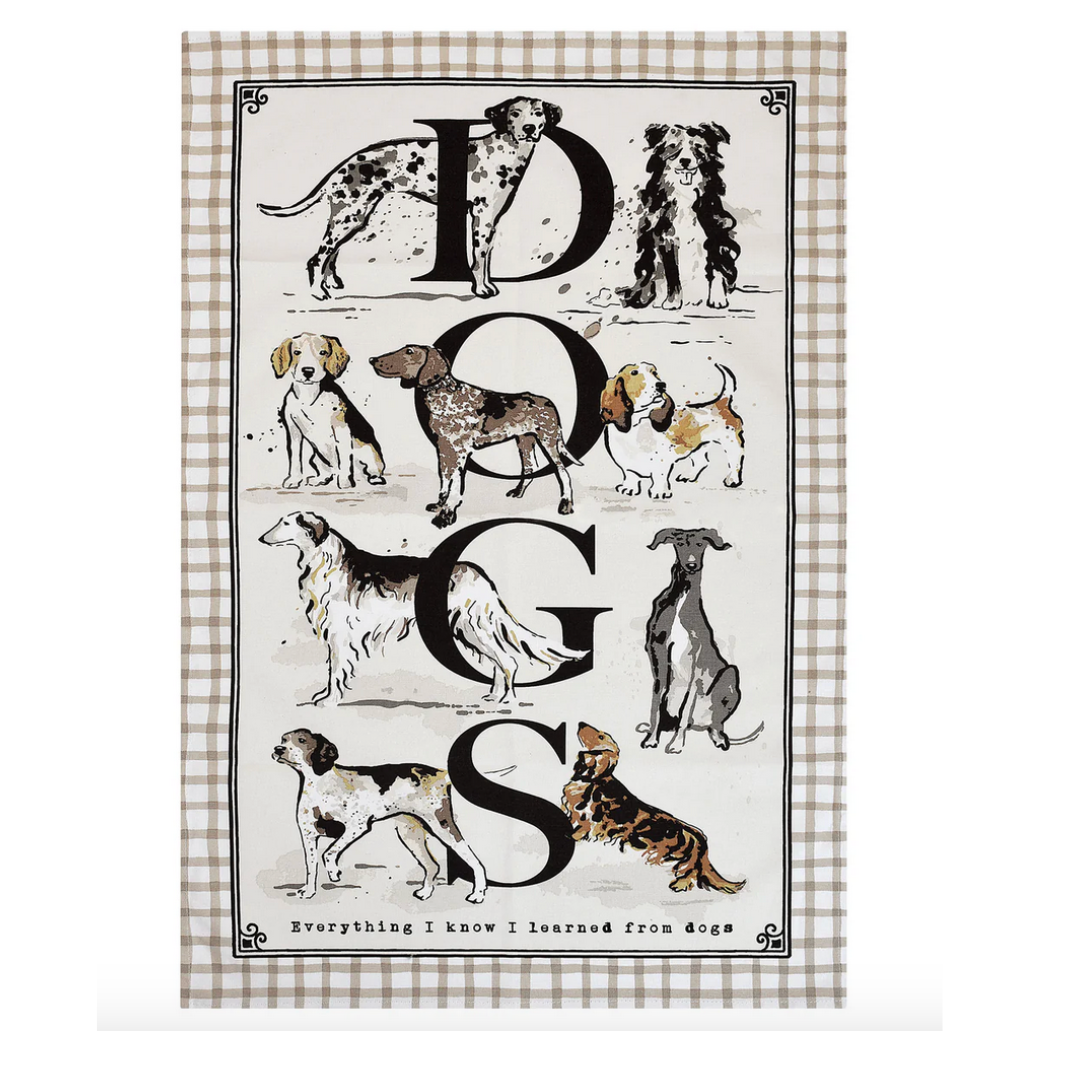 Tea towel with dog illustrations and the letters &
