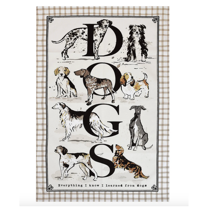 Tea towel with dog illustrations and the letters &