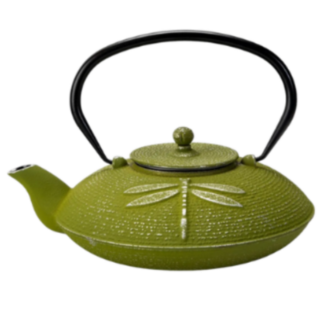 Green cast iron dragonfly teapot with black handle on a white background