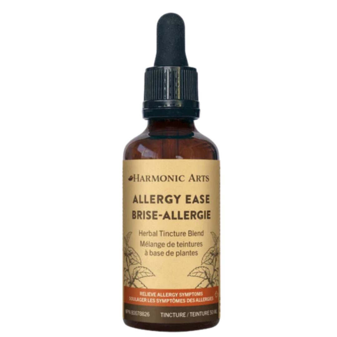 Bottle of Harmonic Arts Allergy Ease herbal tincture on a white background