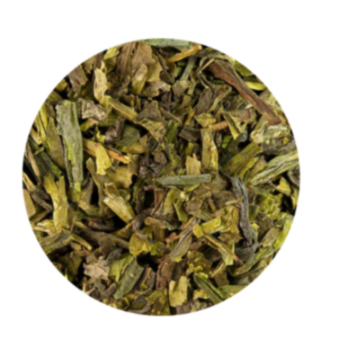 Close up of Long Jing organic green tea leaves