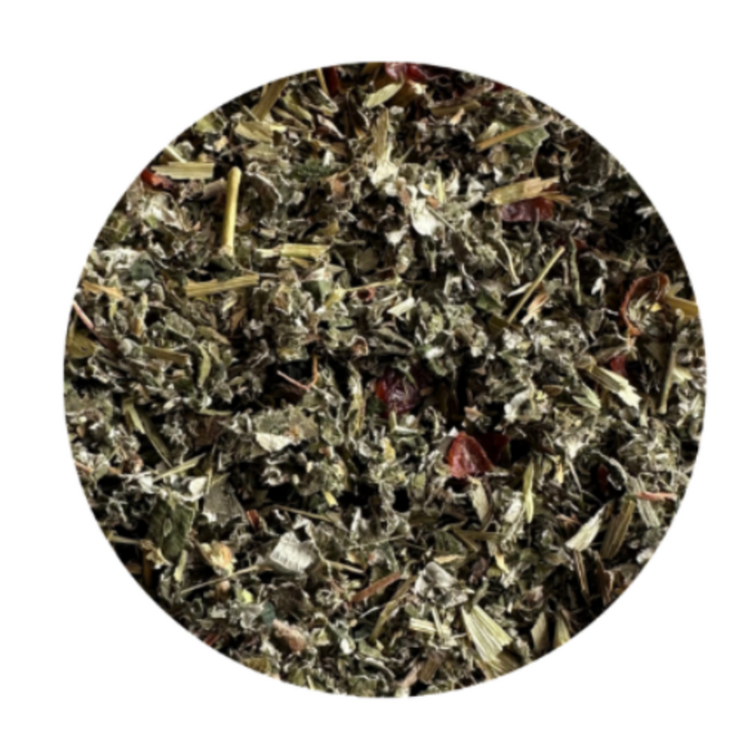 Dried raspberry leaf, nettle, oat straw alfalfa and rosehips