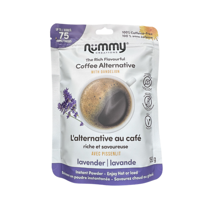 Package of Nummy Creations Lavender Coffee Alternative on a white background