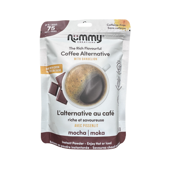 Package of Nummy Creations Mocha instant coffee powder on a white background