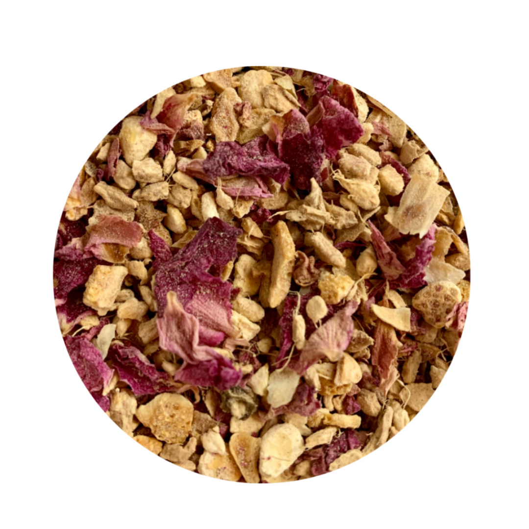 Round image of dried herbs and flowers with a white background