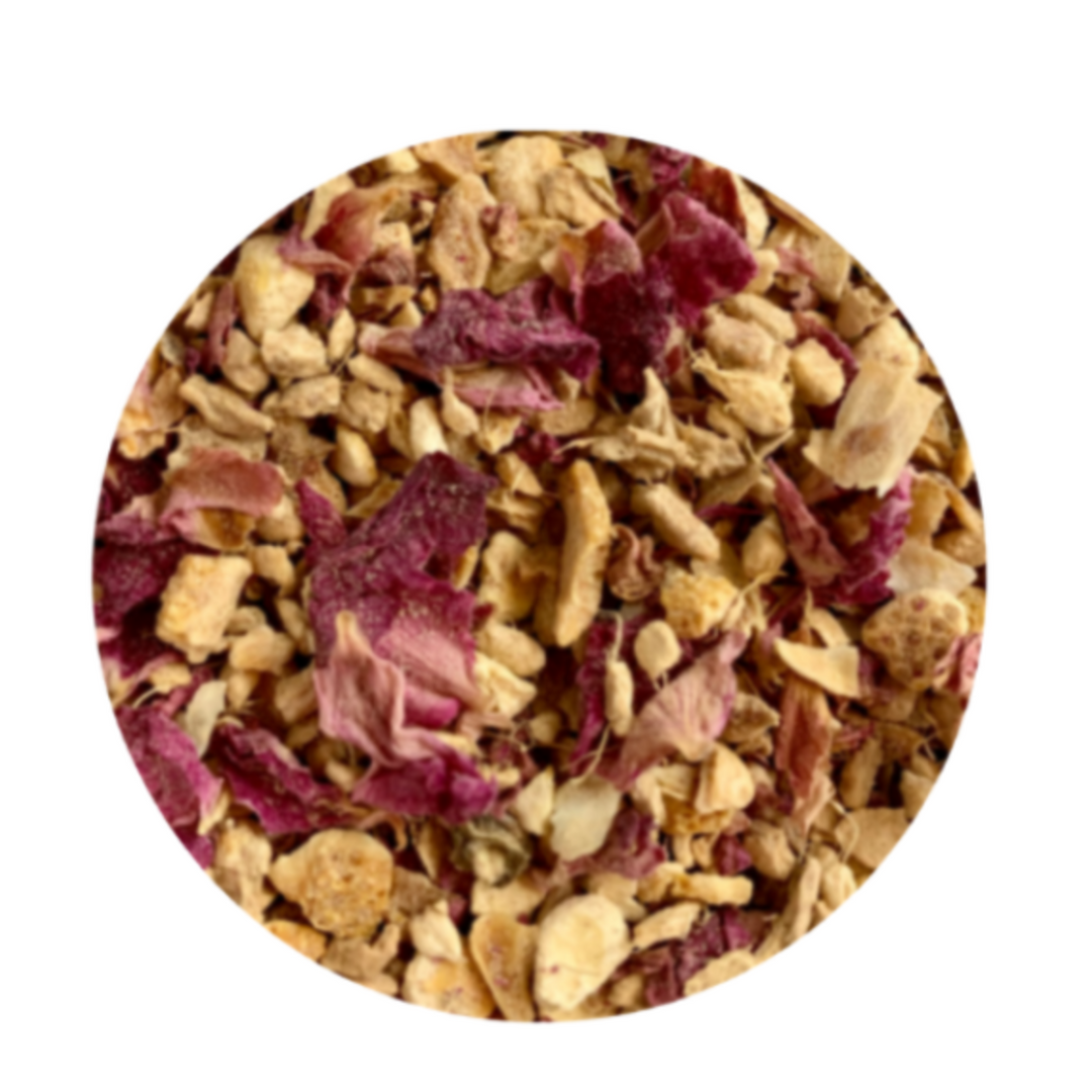 Organic loose ginger, orange peels and rose petals