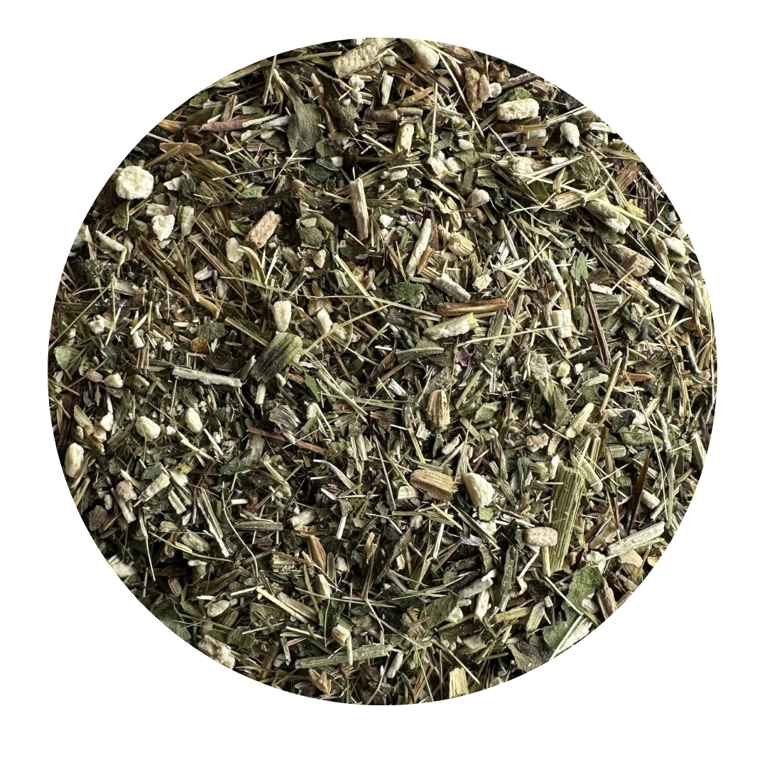 Round image of dried herbs and plants on a white background