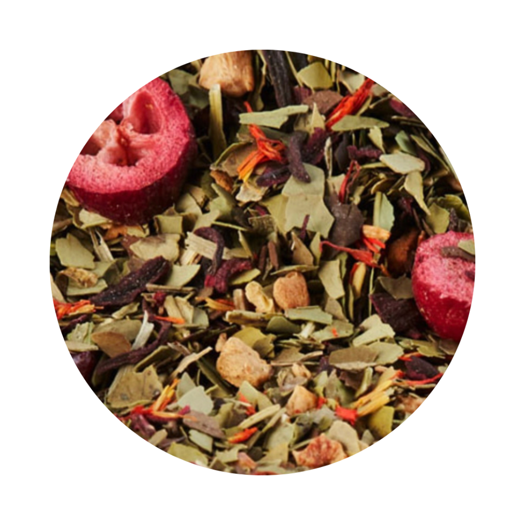 Loose Leaf Yerba Mate with cranberries, apple pieces, hibiscus, sweet blackberry leaves.