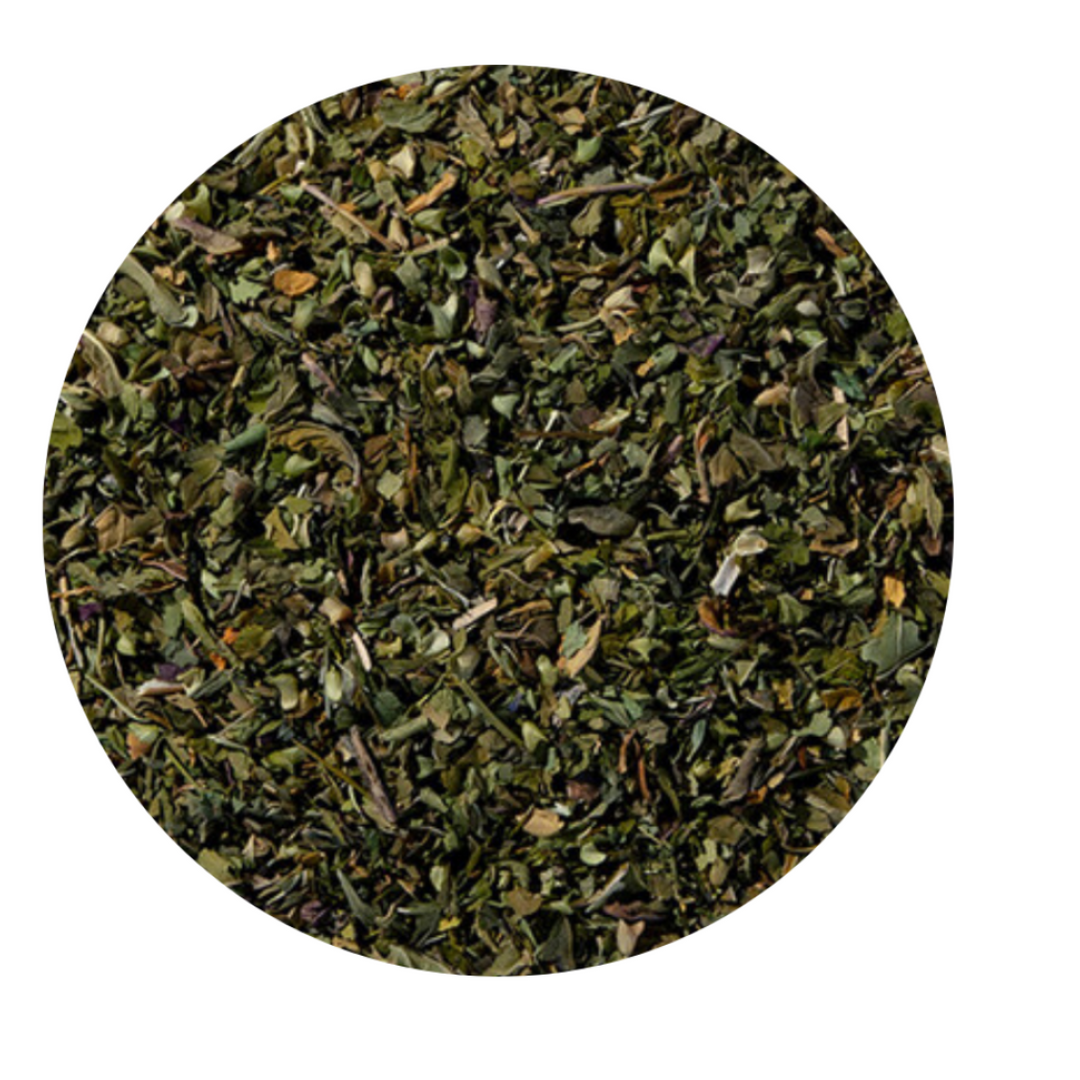 A close-up image of dried skullcap herb leaves, which are part of the mint family used for calming the nervous system and aiding in sleep.