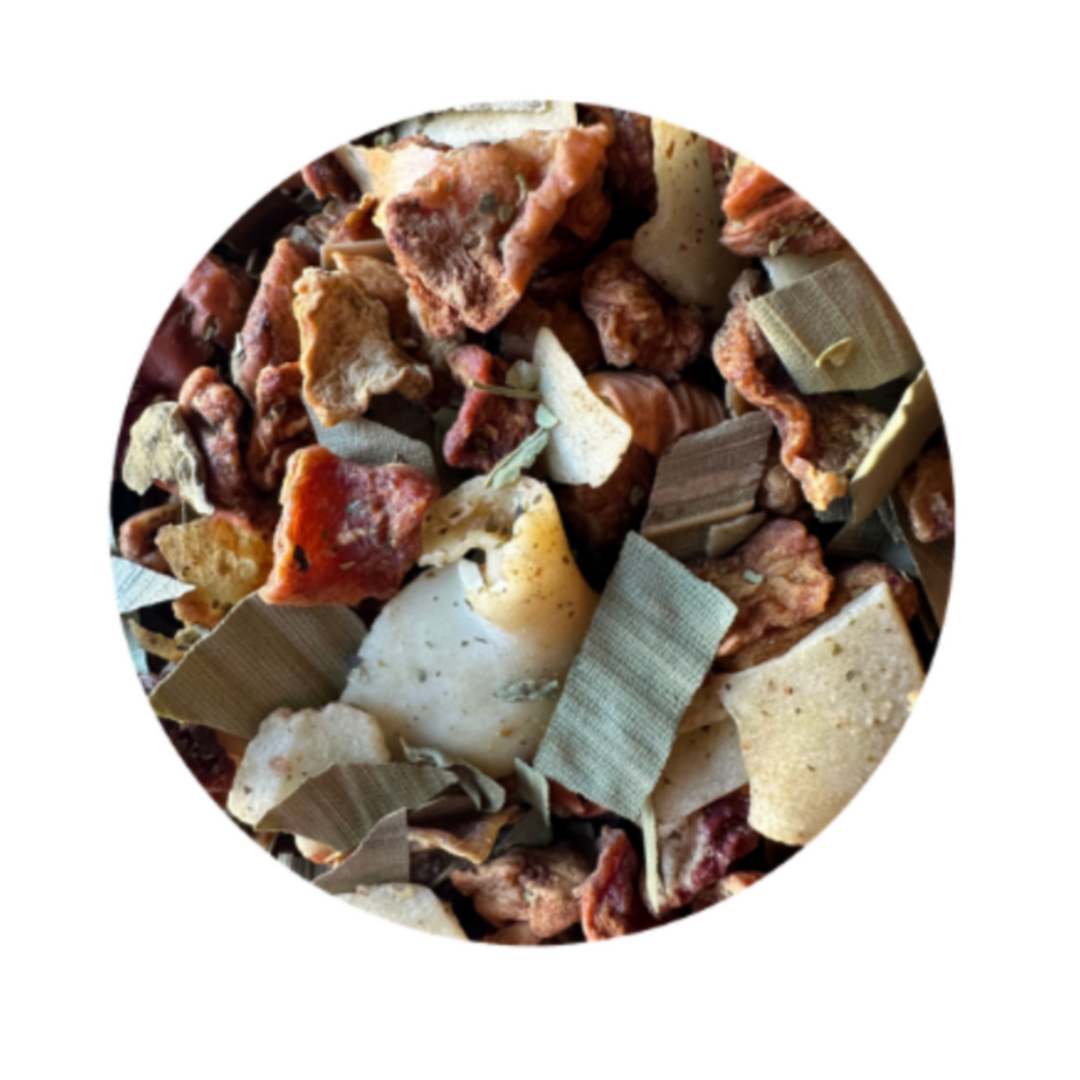 Assorted dried fruits and nuts in a circular arrangement on a white background