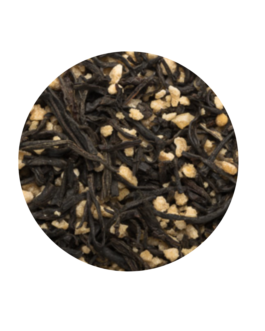 Close-up of black tea leaves with pieces of maple 