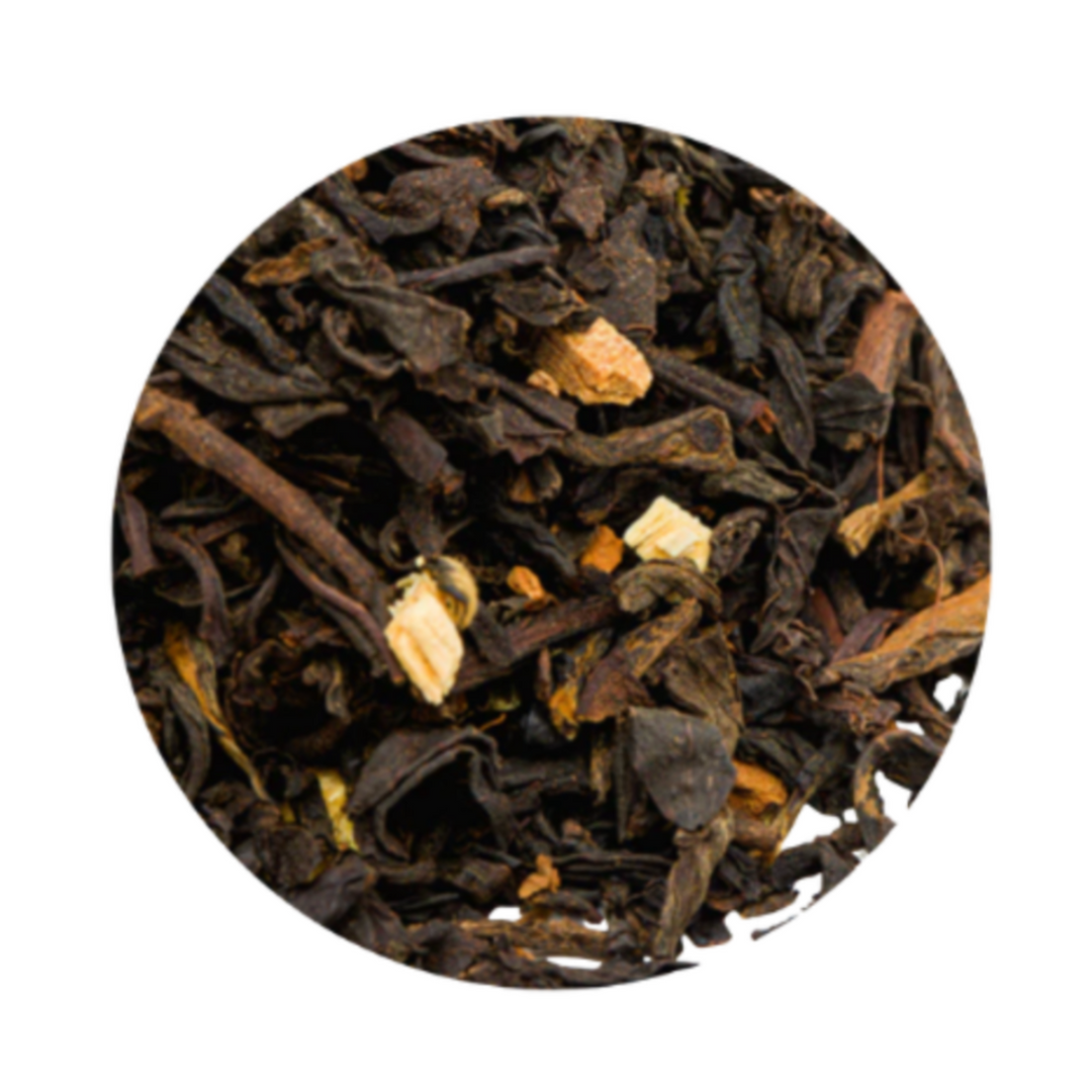 black and puerh tea leaves with orange peel and cinnamon
