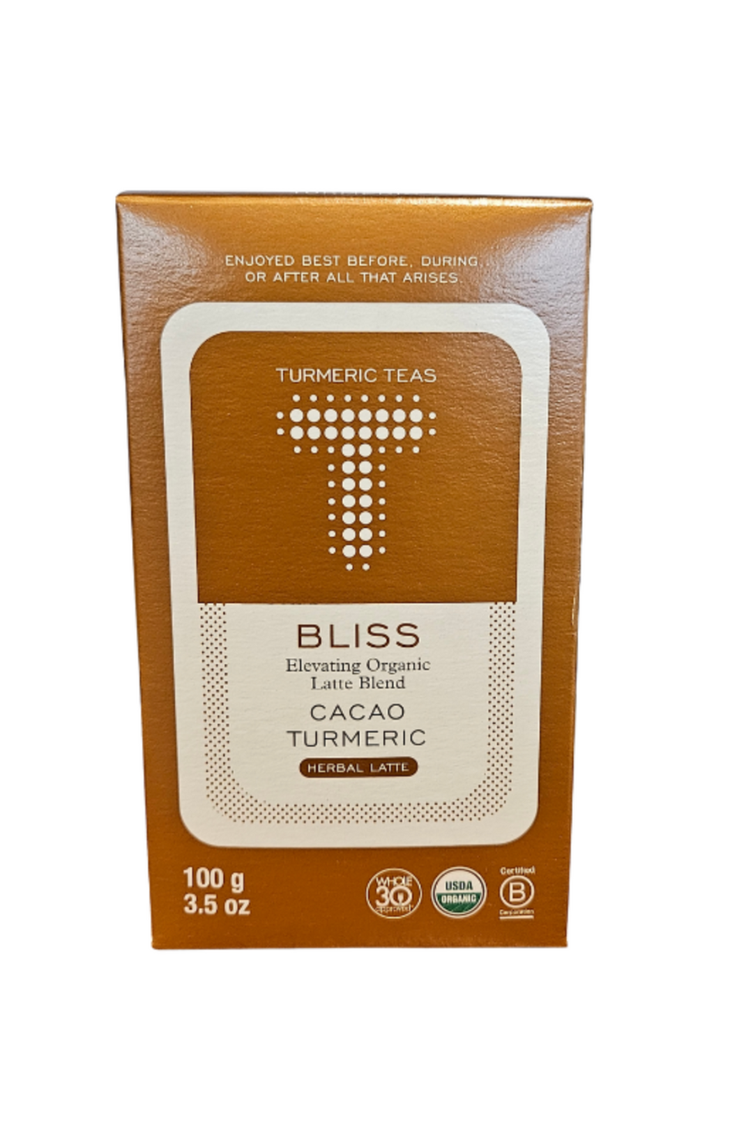 Box of Bliss Cacao Turmeric tea on a white background