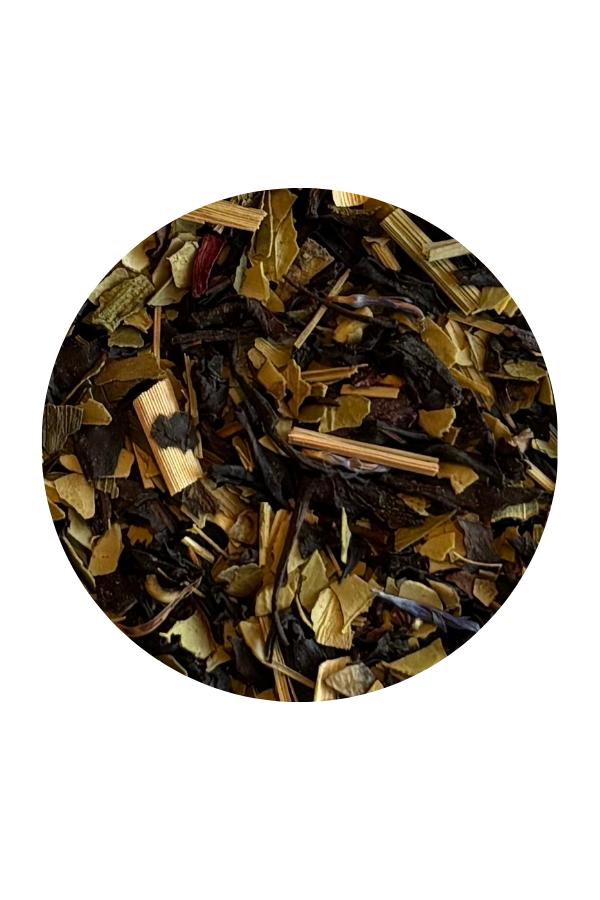 A circular close-up of loose leaf tea or herbal blend with visible dried leaves, stems, and small tan pieces on a plain white background.