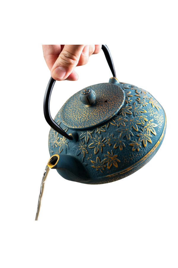 Cast Iron Teapot with Infuser – Turquoise Momiji Maple Leaves, 40 oz 1.2L