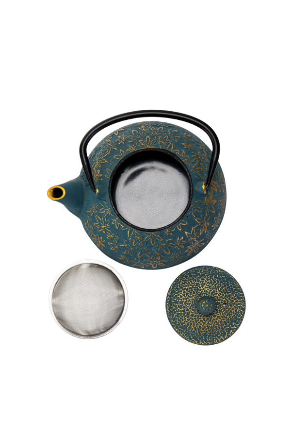 Cast Iron Teapot with Infuser – Turquoise Momiji Maple Leaves, 40 oz 1.2L