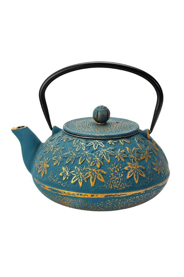 Cast Iron Teapot with Infuser – Turquoise Momiji Maple Leaves, 40 oz 1.2L