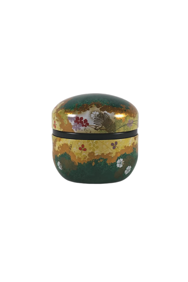 Traditional Japanese Green and Gold Floral Tea Tin 3.5 oz