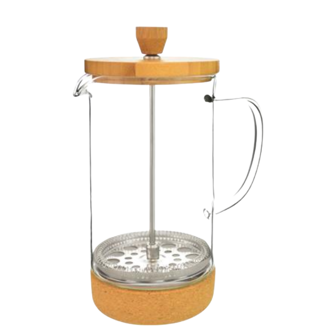French press coffee maker with wooden lid and base 