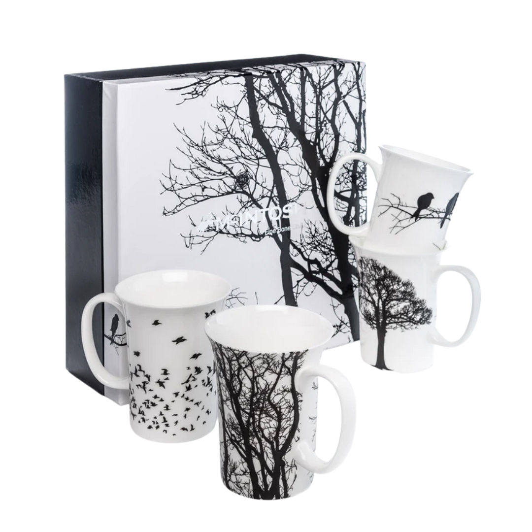 Set of mugs with tree and bird design in a box