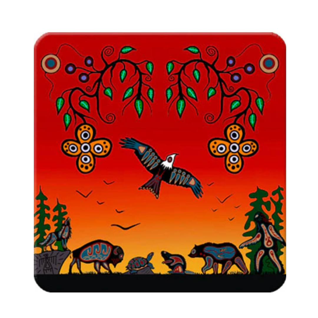 Decorative coater with nature-themed design featuring animals and trees on a red background.