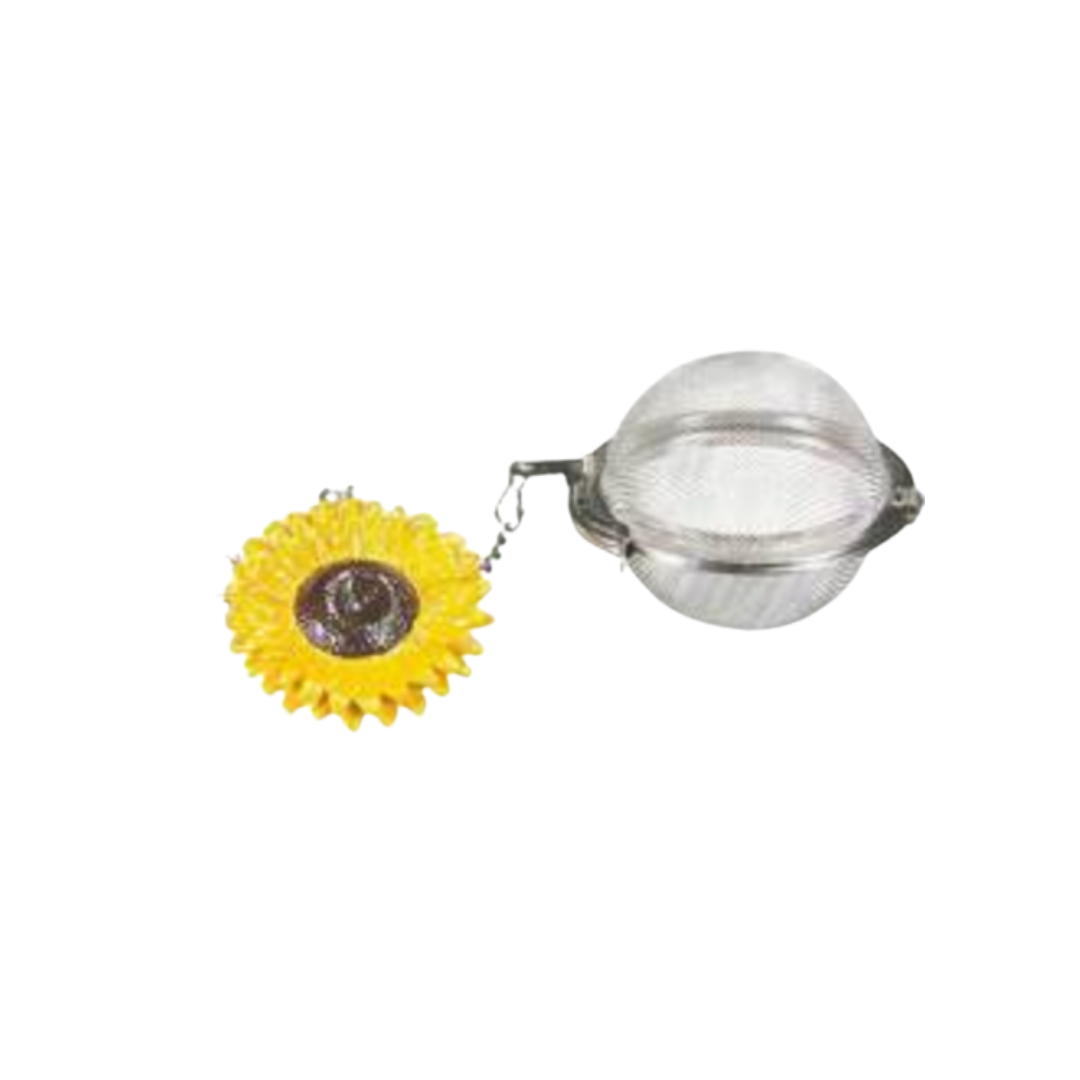 Mesh tea ball infuser with yellow sunflower-shaped decorative element on a white background