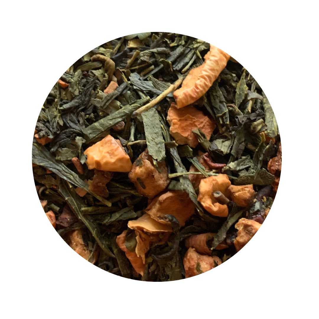 Loose Leaf Green Tea with almonds and apple pieces.