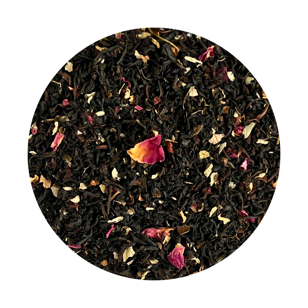 Loose Leaf Black Tea with rose petals, strawberry pieces and chamomile.