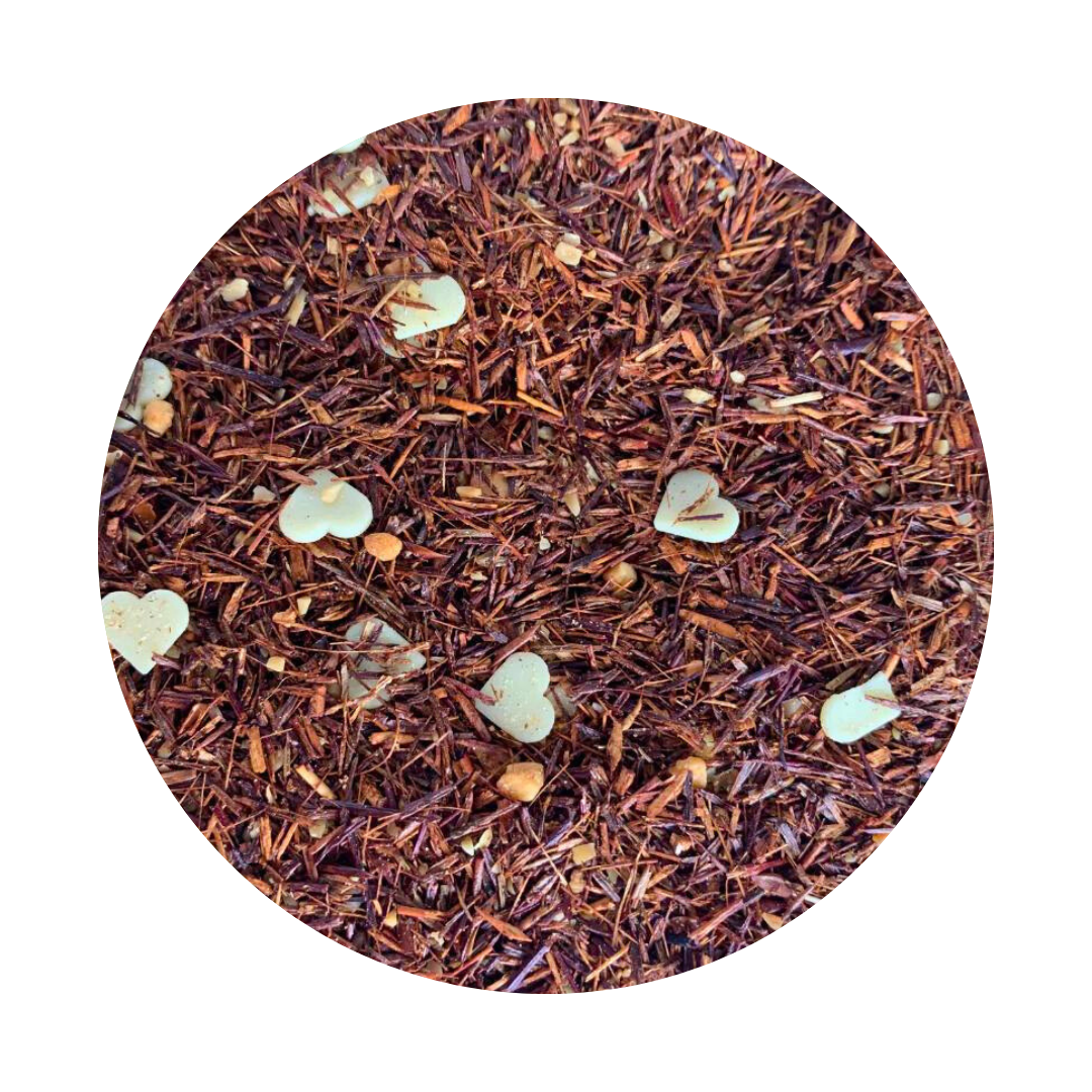 Loose Leaf Rooibos Tea with white chocolate hearts and roasted almonds.