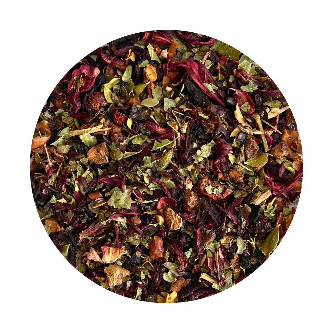 Loose fruit tea blend with hibiscus, apple, rosehips, blackberry leaves, elderberries, blackcurrants, and berries.