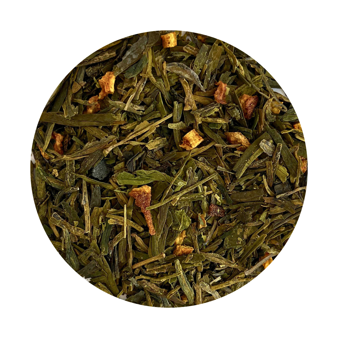 Loose Leaf Green Tea with cinnamon and orange pieces.