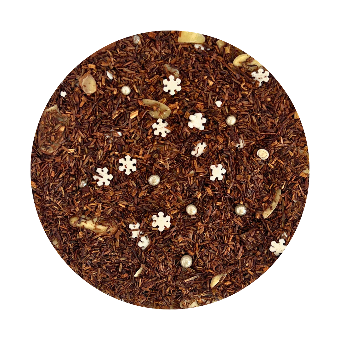 Loose Leaf Rooibos Tea with pieces of almond, snowflake candy pieces.