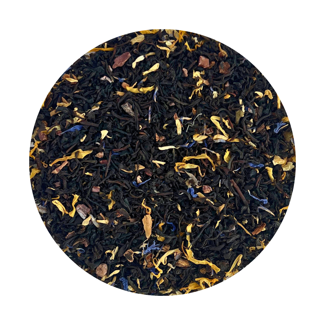 Loose Leaf Black Tea with chamomile, blue cornflower petals and calendula.