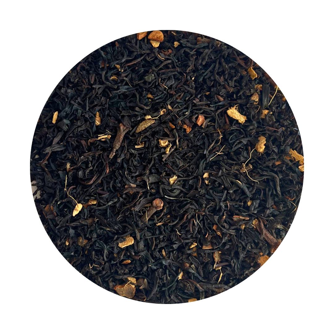 Loose Leaf Black Tea with pieces of cinnamon, ginger root and pieces of clove.