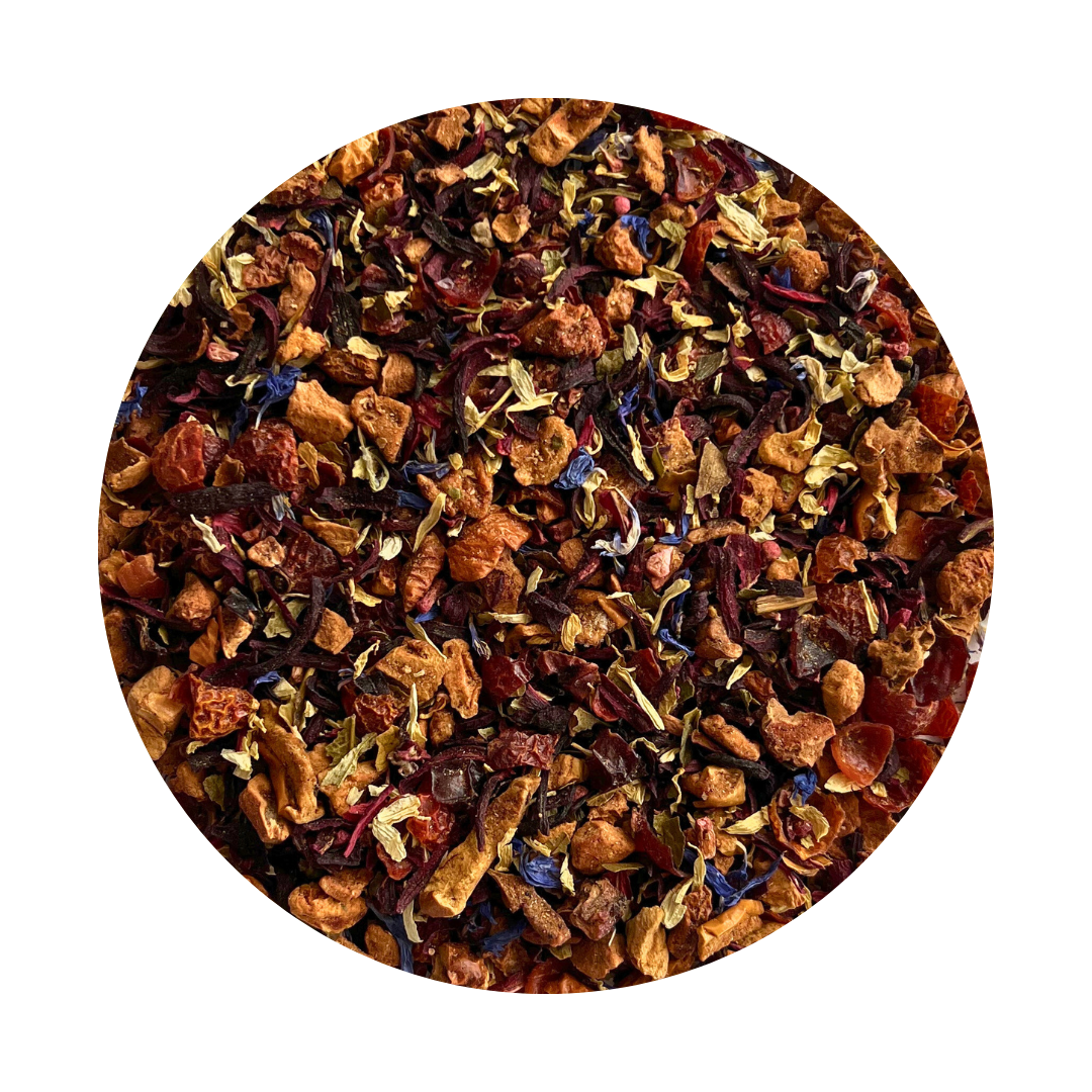 Loose fruit blend tea with blue cornflower, rosehips, chamomile, raspberry pieces, and lemon peel.