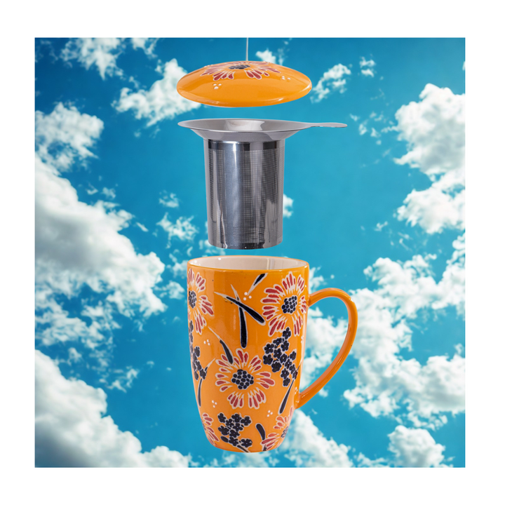 Yellow Flower Design Tall 15oz Tea Mug with Lid and Infuser