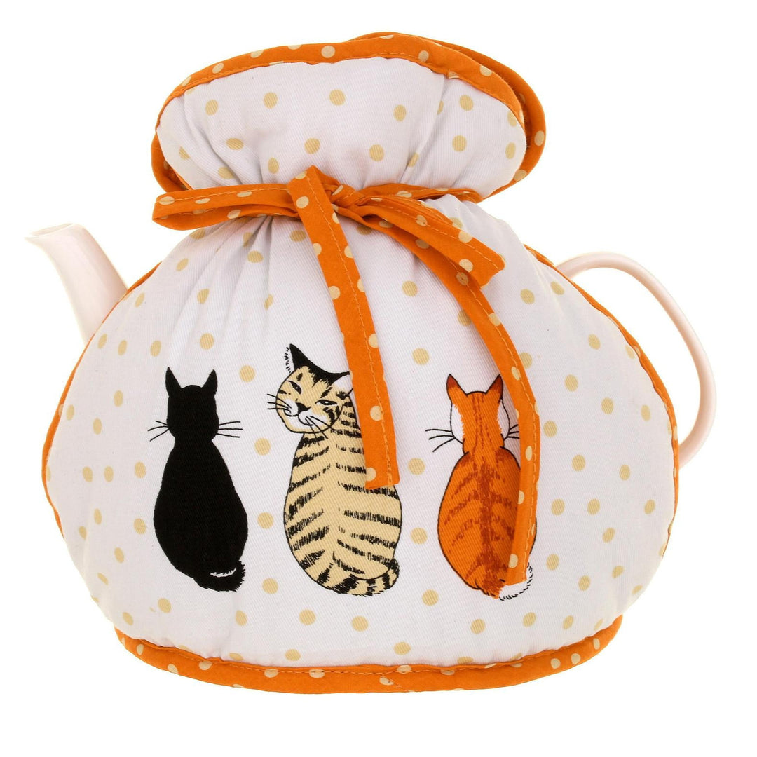 Cat Print Tea Cosy muff cover over a teapot.