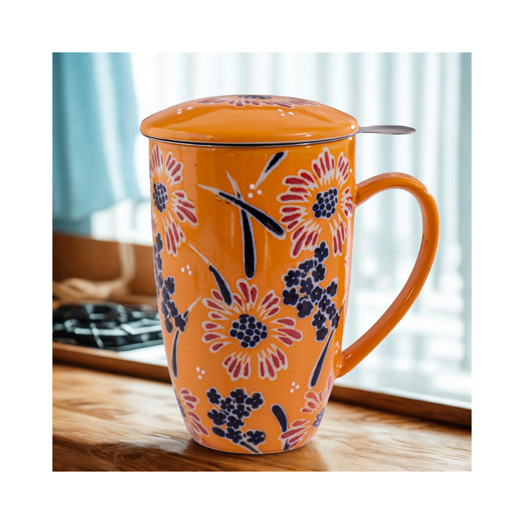 Yellow Flower Design Tall 15oz Tea Mug with Lid and Infuser