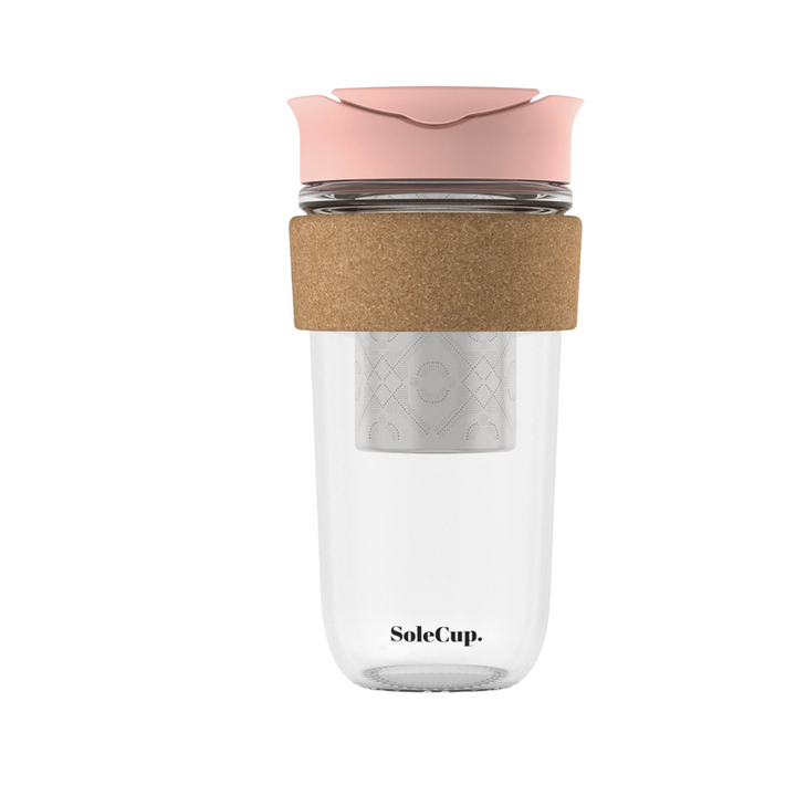 SoleCup Large Glass Infuser Travel Mug 18oz with Cork Pink